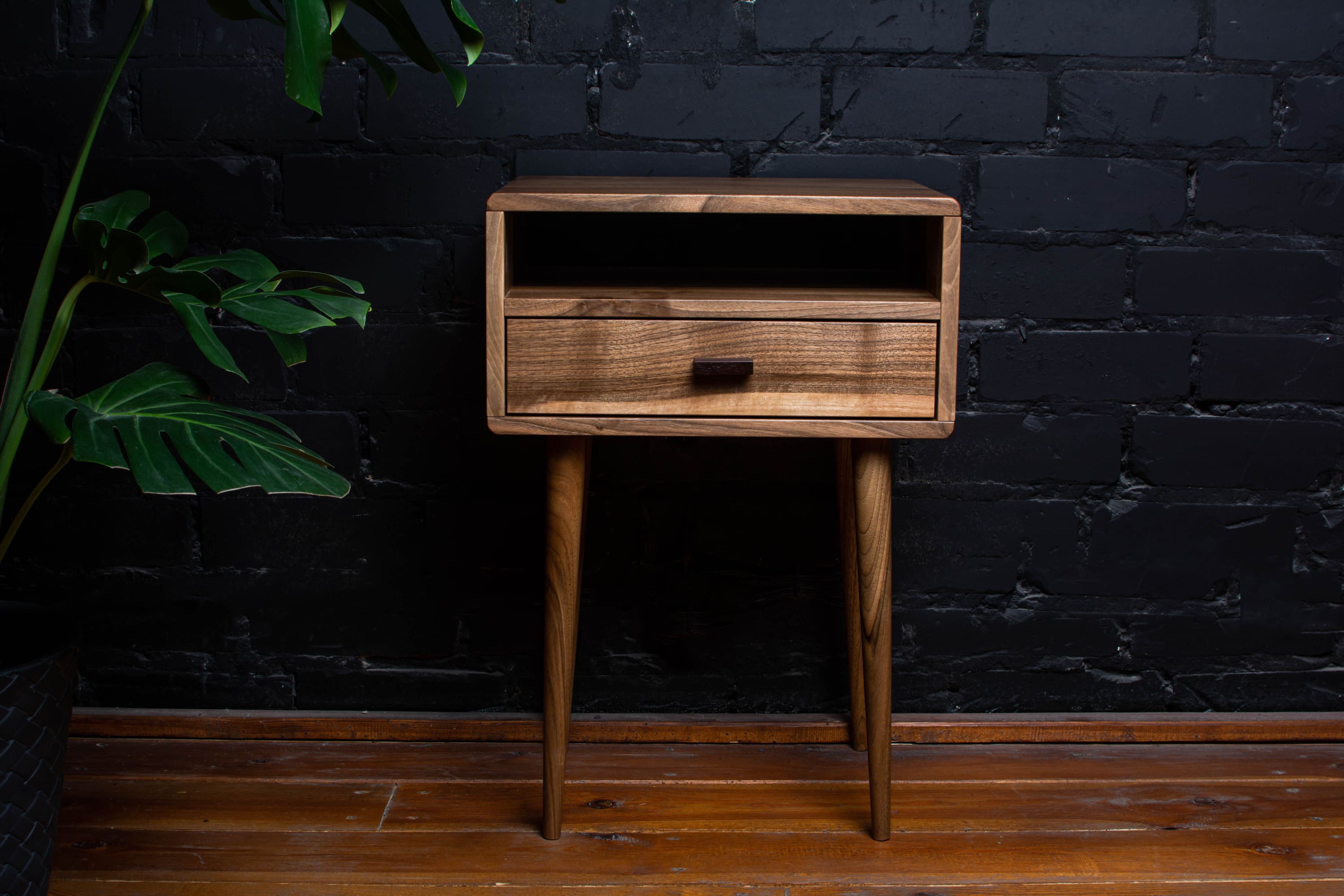 Handcrafted mid-century modern wooden bedside table made from European walnut