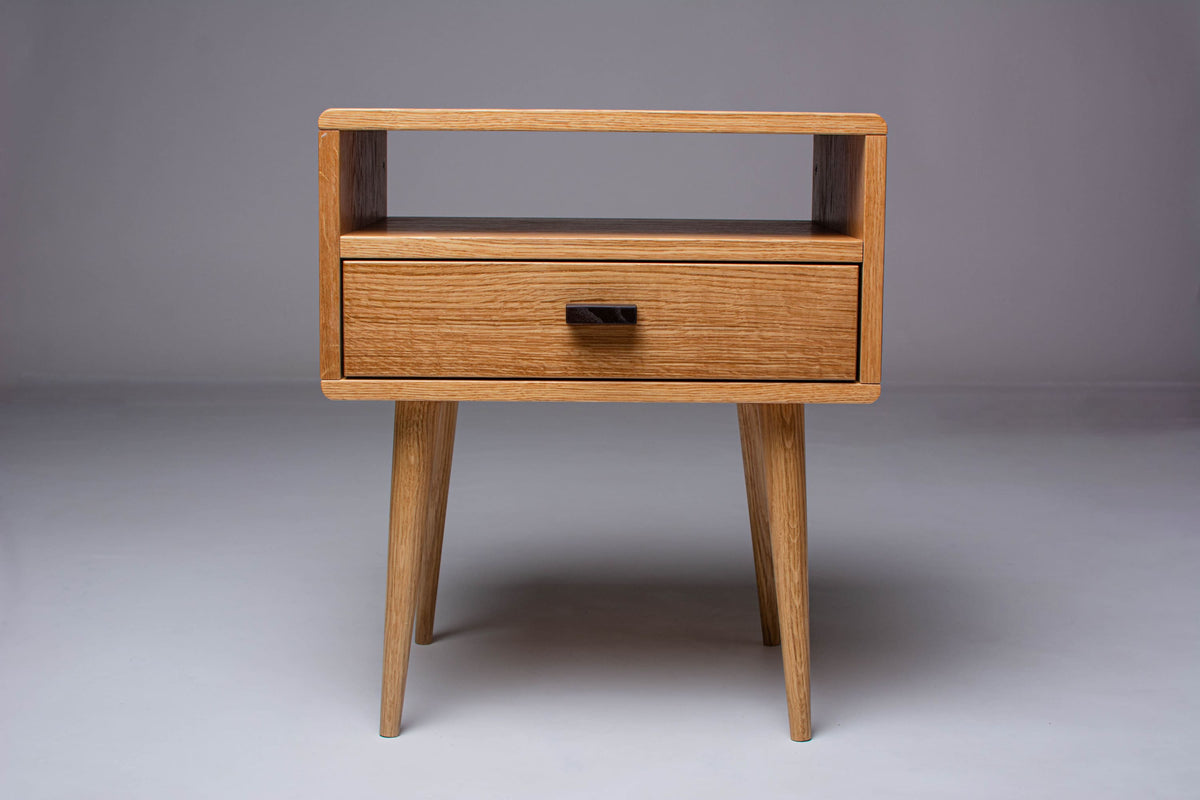 Mid-Century Modern Oak Wooden Nightstand - Handmade Bedside Table with Drawer